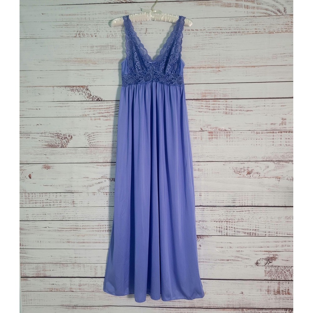 Vintage Shadowline Nightgown Long Periwinkle Blue Purple Lace Bodice Maxi